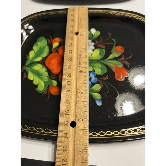 5 Vintage Zhostovo Soviet Russian Hand Painted Flowers Toleware Trays Yeha 8x6” - Picture 8 of 15